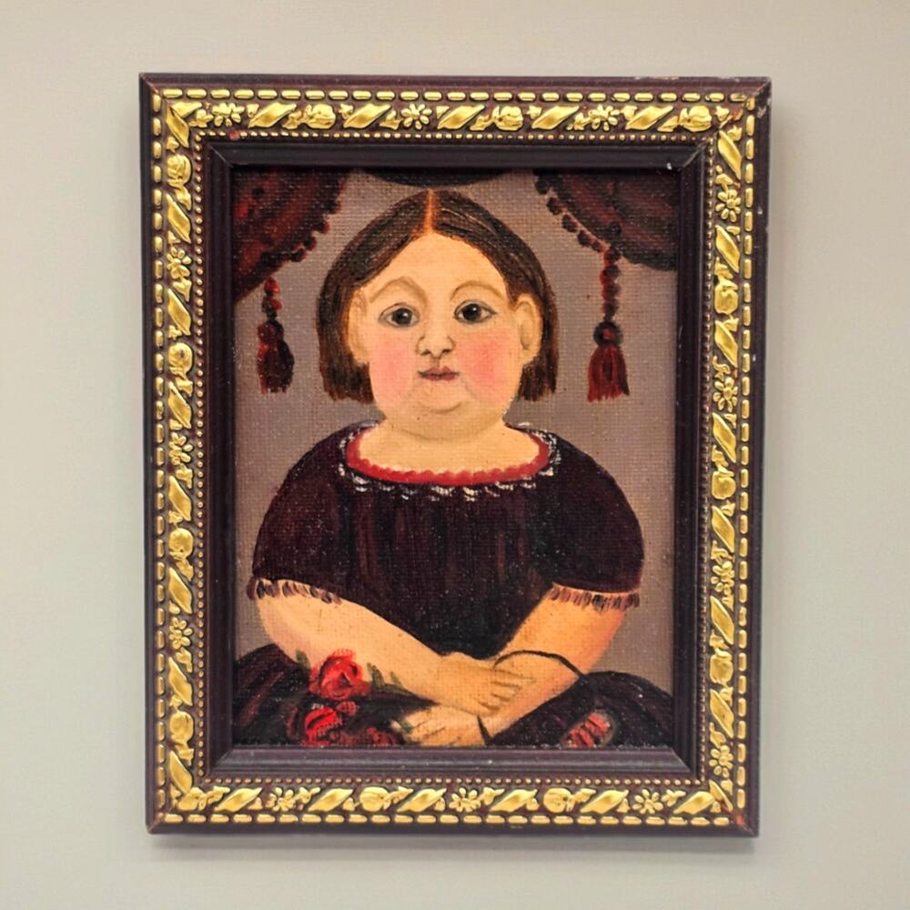 Vintage Folk Art Girl Portrait Mini Framed Decor